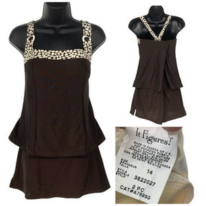 Vintage Y2K It Figures! Sz 14 Brown Flower Power Tankini Skirtini Swimsuit
